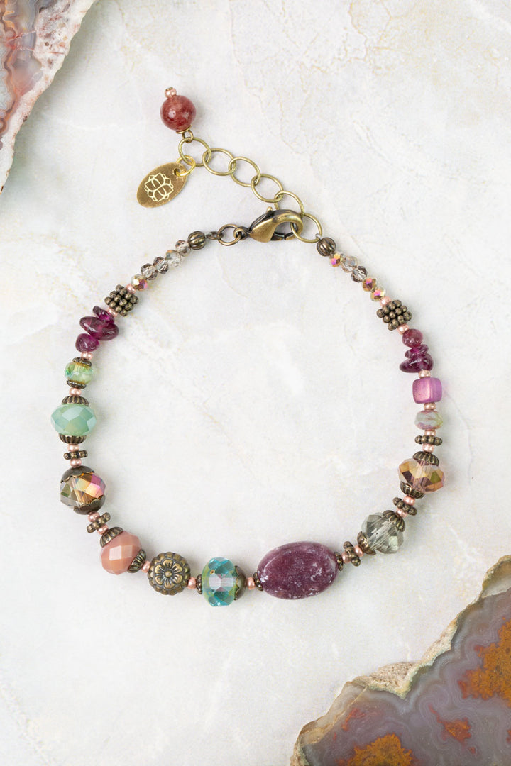 Mauve 7.5-8.5" Lepidolite, Garnet, Czech Glass Simple Bracelet