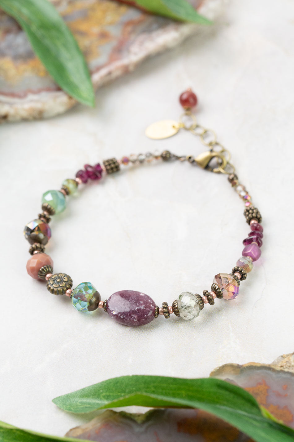 Mauve 7.5-8.5" Lepidolite, Garnet, Czech Glass Simple Bracelet
