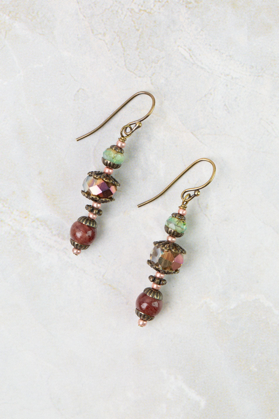 Mauve Czech Glass, Lepidolite, Crystal Simple Earrings