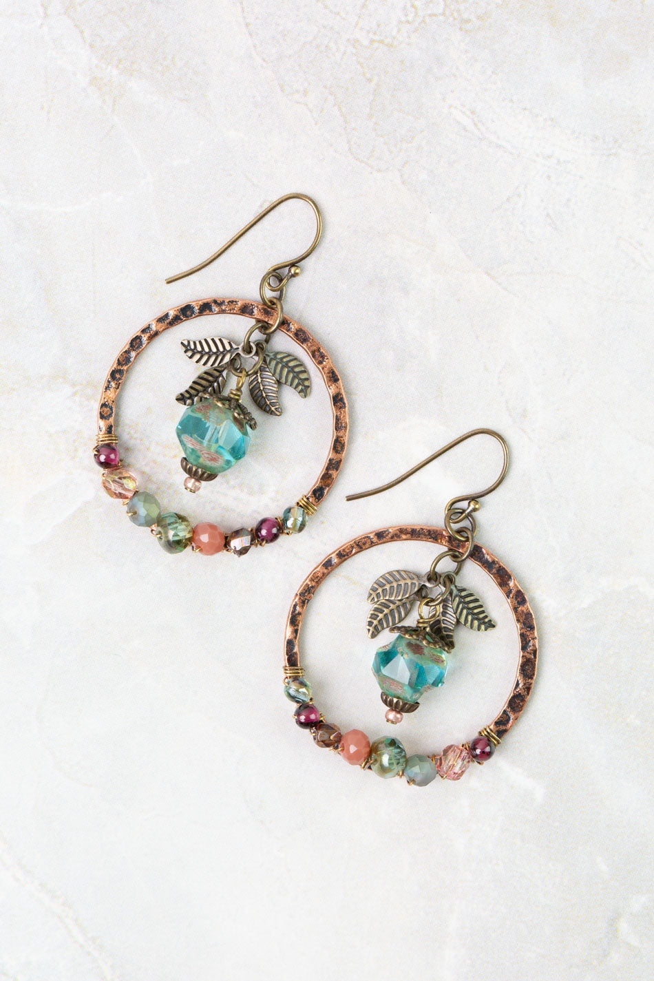Mauve Czech Glass, Crystal, Garnet Hoop Earrings