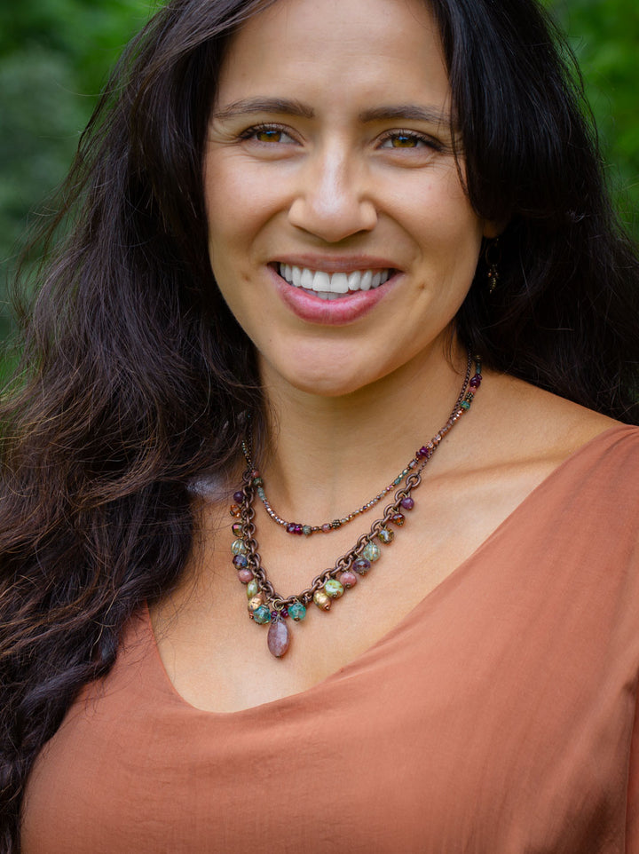 Mauve Mix 16.5-18" Garnet, Czech Glass, Lepidolite, Strawberry Quartz Collage Necklace