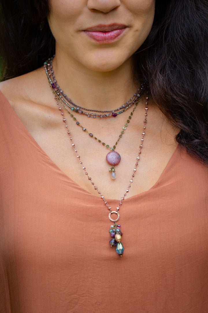 Mauve Mix 21-23" Czech Glass, Crystal, Lepidolite Quartz Multistrand Necklace