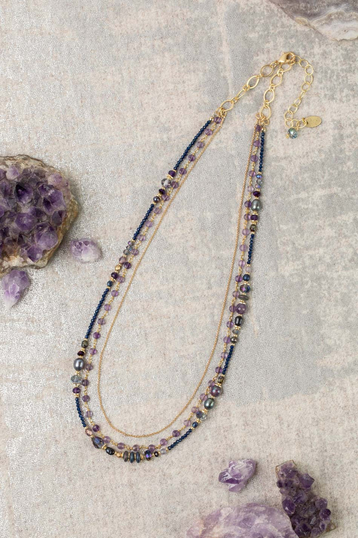 Midnight 20-22" Amethyst, Freshwater Pearl, Crystal Multistrand Necklace