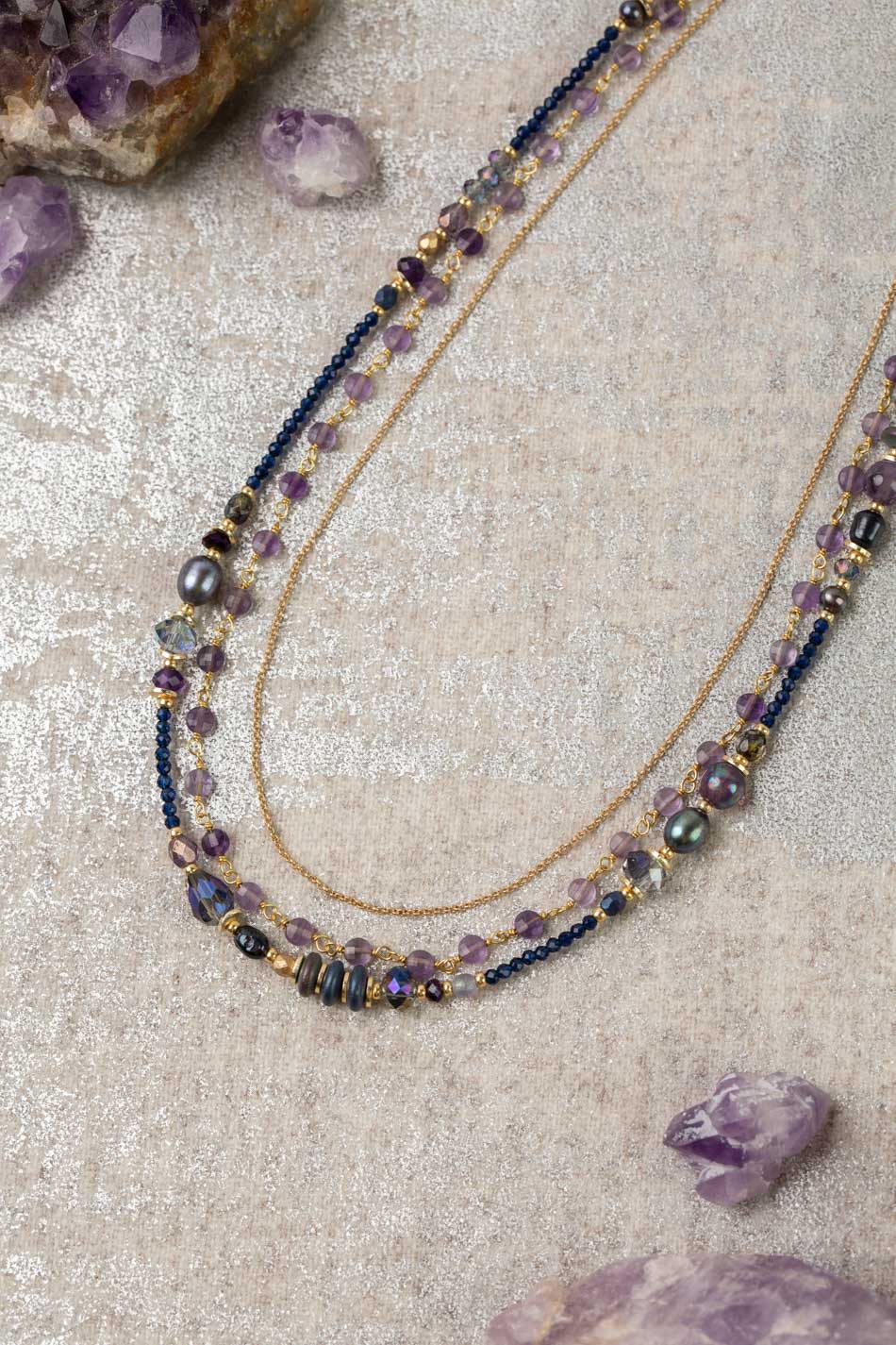 Midnight 20-22" Amethyst, Freshwater Pearl, Crystal Multistrand Necklace