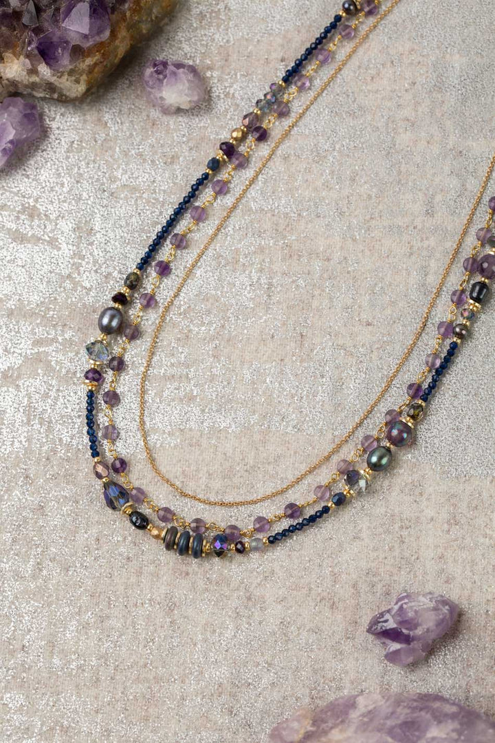 Midnight 20-22" Amethyst, Freshwater Pearl, Crystal Multistrand Necklace