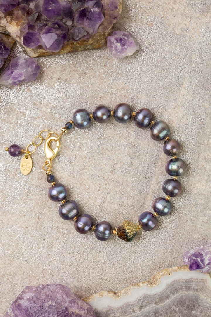 Midnight 7.5-8.5" Freshwater Pearl, Czech Glass Statement Bracelet