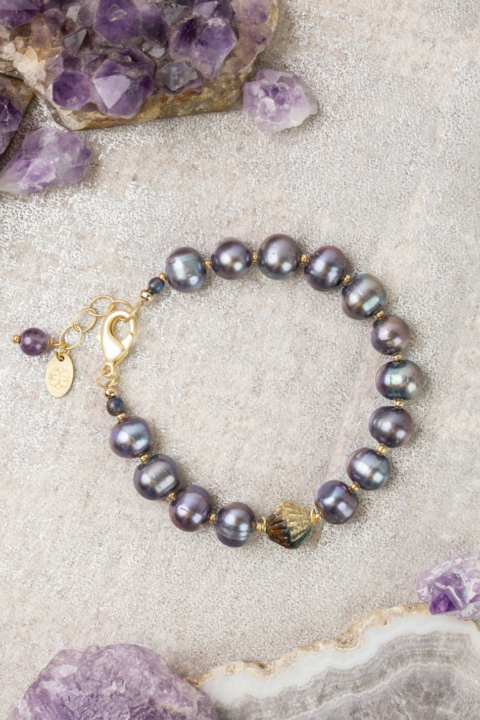 Midnight 7.5-8.5" Freshwater Pearl, Czech Glass Statement Bracelet