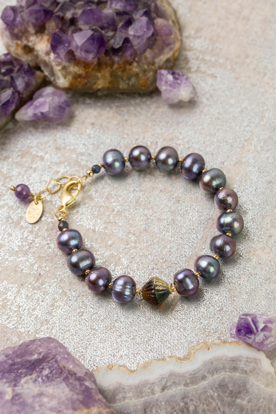 Midnight 7.5-8.5" Freshwater Pearl, Czech Glass Statement Bracelet