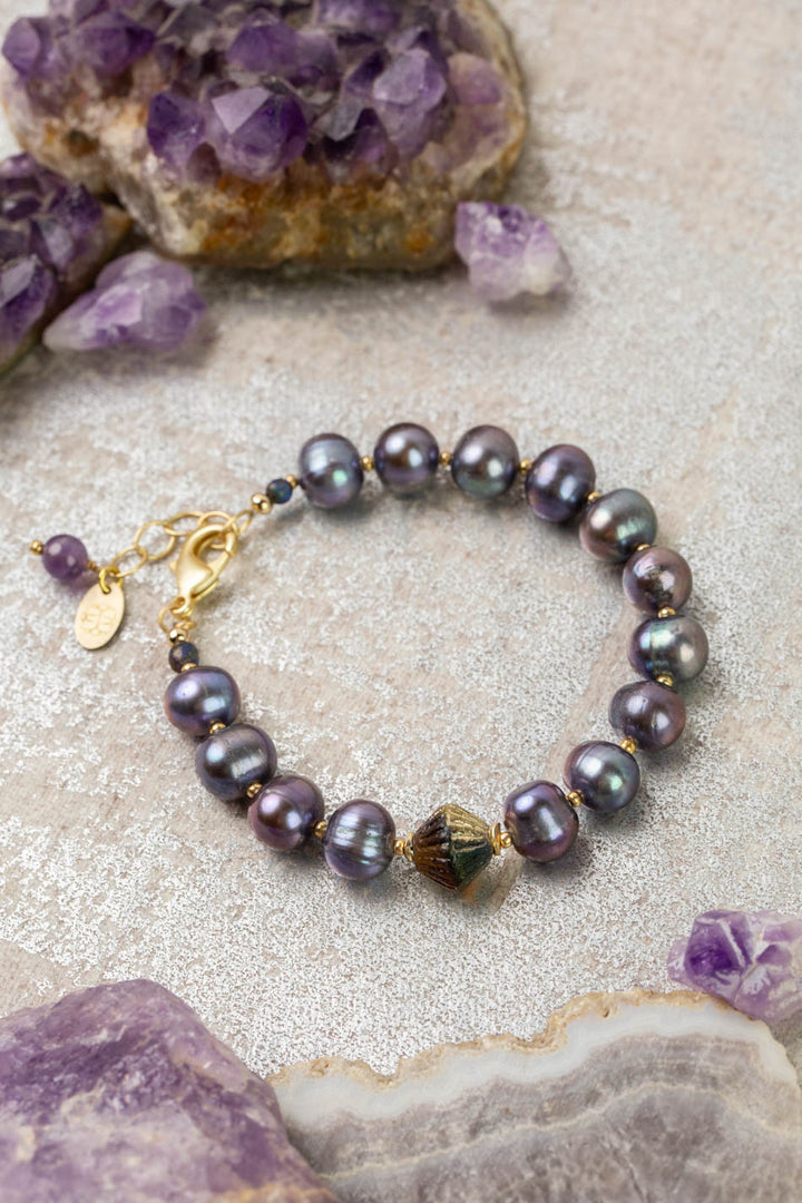 Midnight 7.5-8.5" Freshwater Pearl, Czech Glass Statement Bracelet