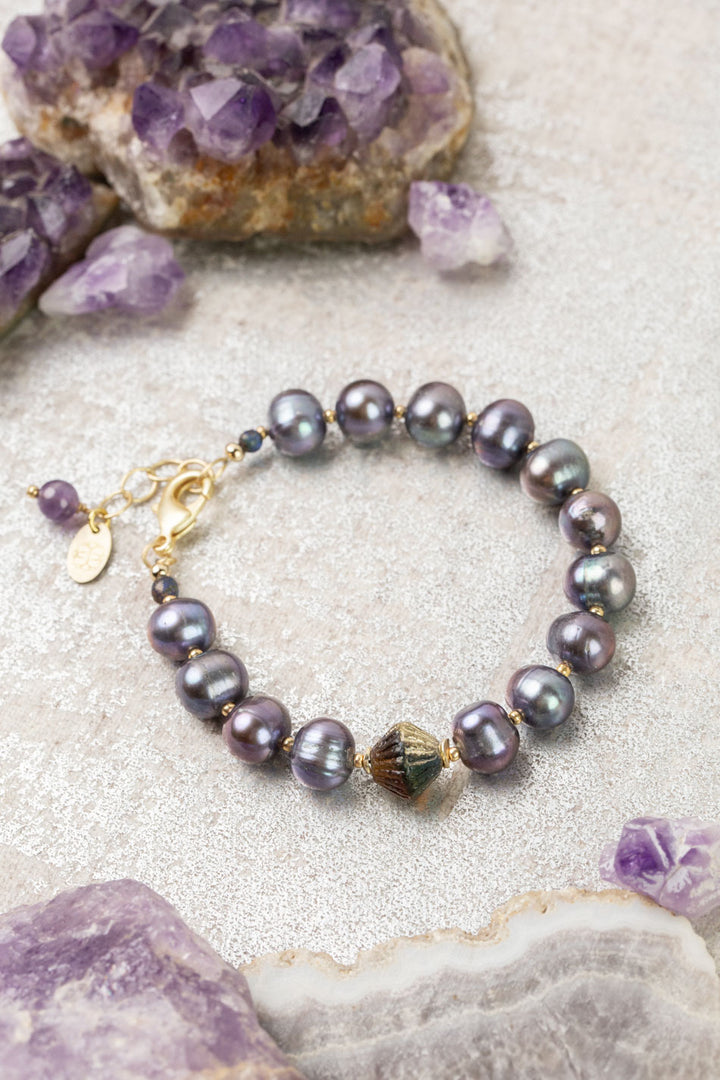 Midnight 7.5-8.5" Freshwater Pearl, Czech Glass Statement Bracelet
