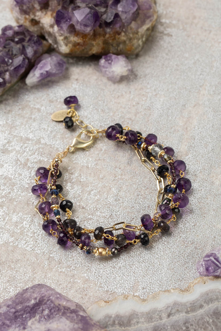 Midnight 7.5-8.5" Amethyst, Crystal, Iolite, Freshwater Pearl Multistrand Bracelet