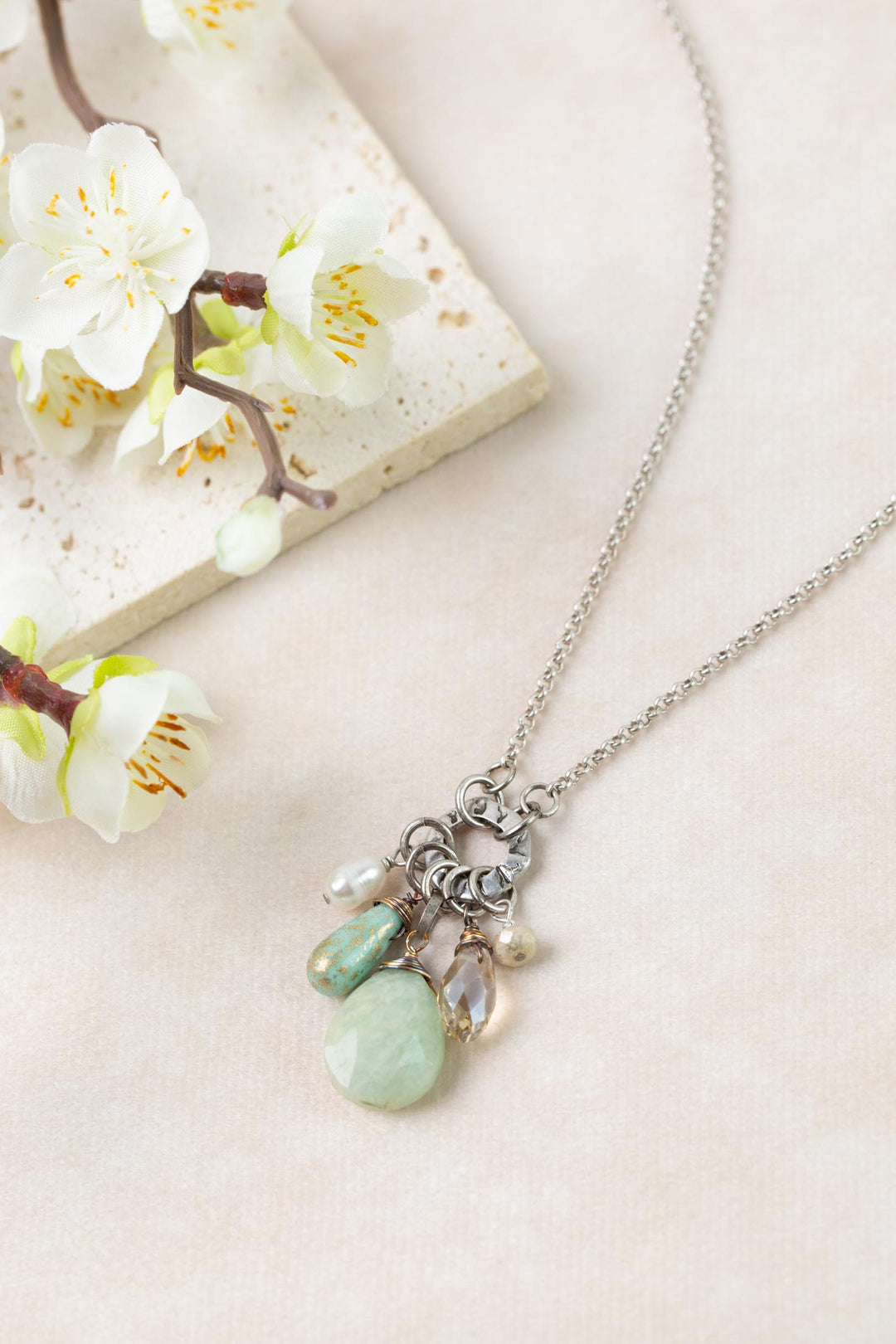 Mint Julep 18-20" Czech Glass, Amazonite, Crystal Cluster Necklace