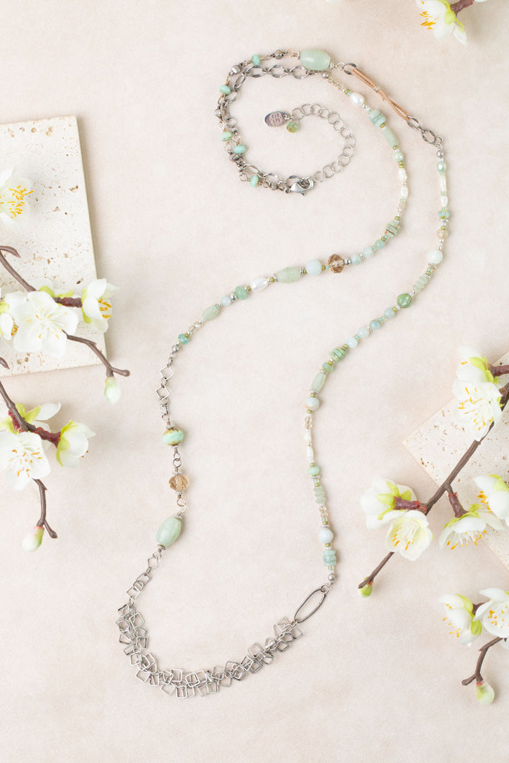 Mint Julep 35.5-37.5" Pearl, Chrysoprase, Amazonite Collage Necklace