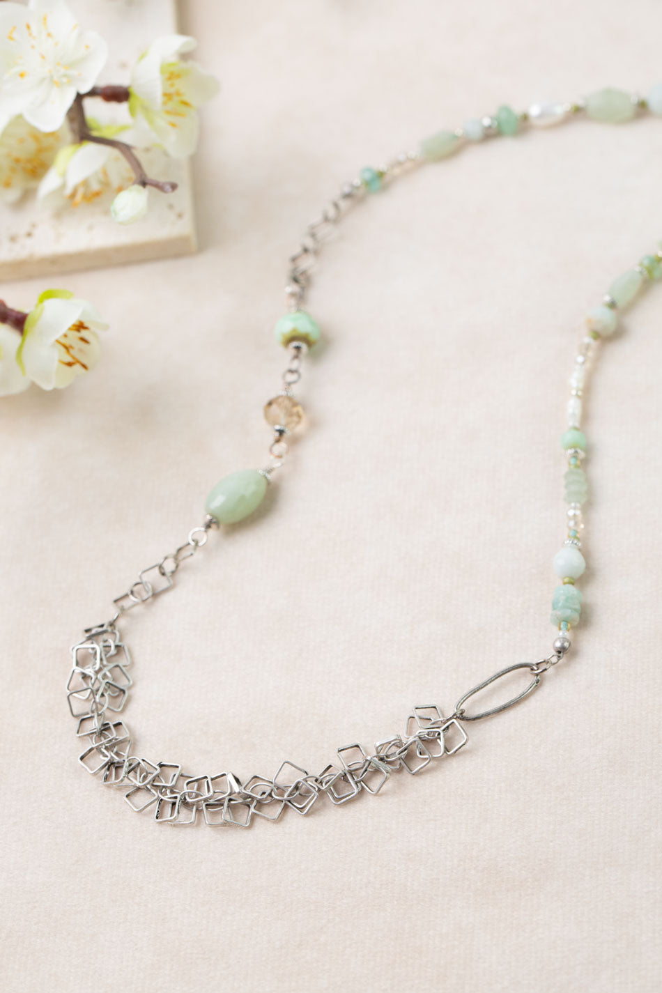 Mint Julep 35.5-37.5" Pearl, Chrysoprase, Amazonite Collage Necklace
