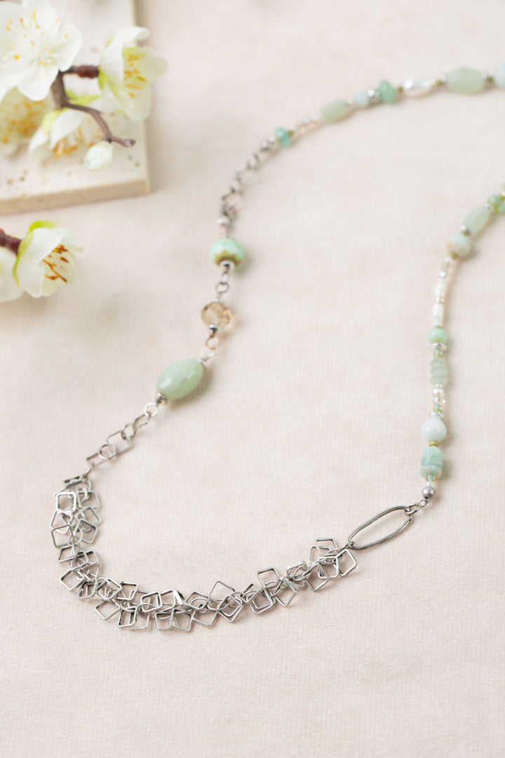 Mint Julep 35.5-37.5" Pearl, Chrysoprase, Amazonite Collage Necklace