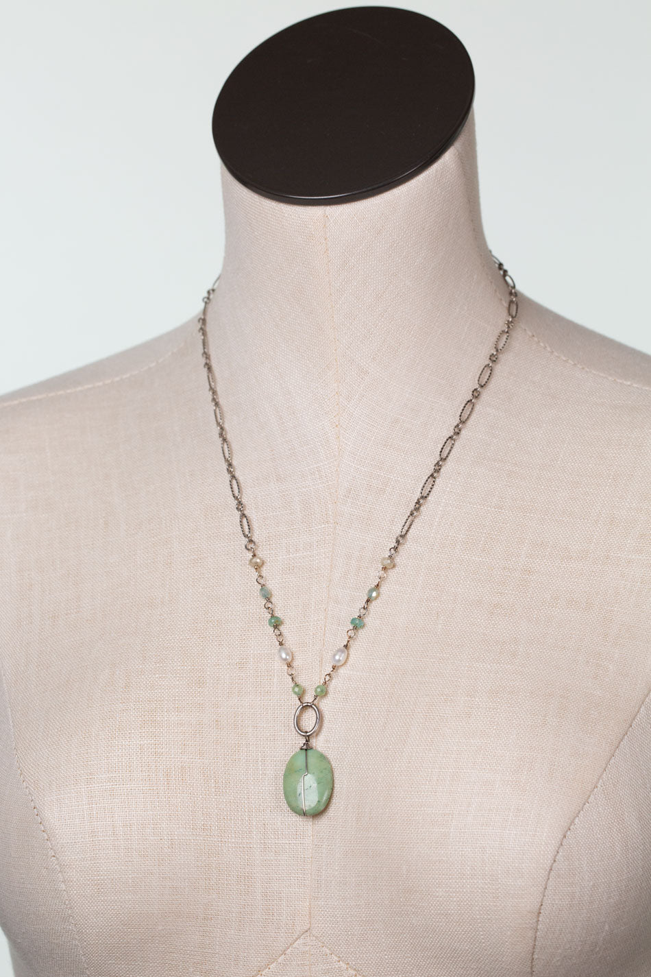 Mint Julep 20.5-22.5" Freshwater Pearl, Chrysoprase, Czech Glass Collage Necklace