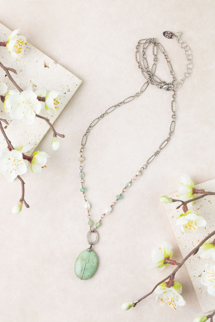 Mint Julep 20.5-22.5" Freshwater Pearl, Chrysoprase, Czech Glass Collage Necklace