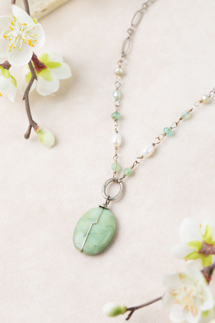 Mint Julep 20.5-22.5" Freshwater Pearl, Chrysoprase, Czech Glass Collage Necklace