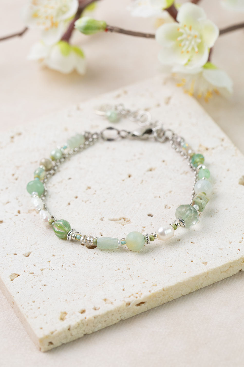 Mint Julep 7.5-8.5" Freshwater Pearl, Chrysoprase, Amazonite Multistrand Bracelet