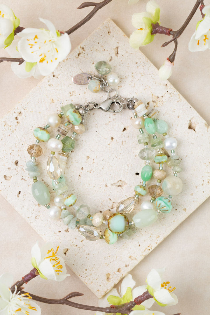 Mint Julep 7.5-8.5" Freshwater Pearl, Chrysoprase, Amazonite Multistrand Bracelet