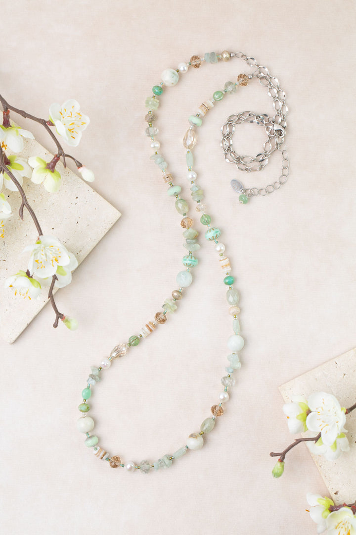 Mint Julep 36-38" Aquamarine, Amazonite, Pearl Collage Necklace