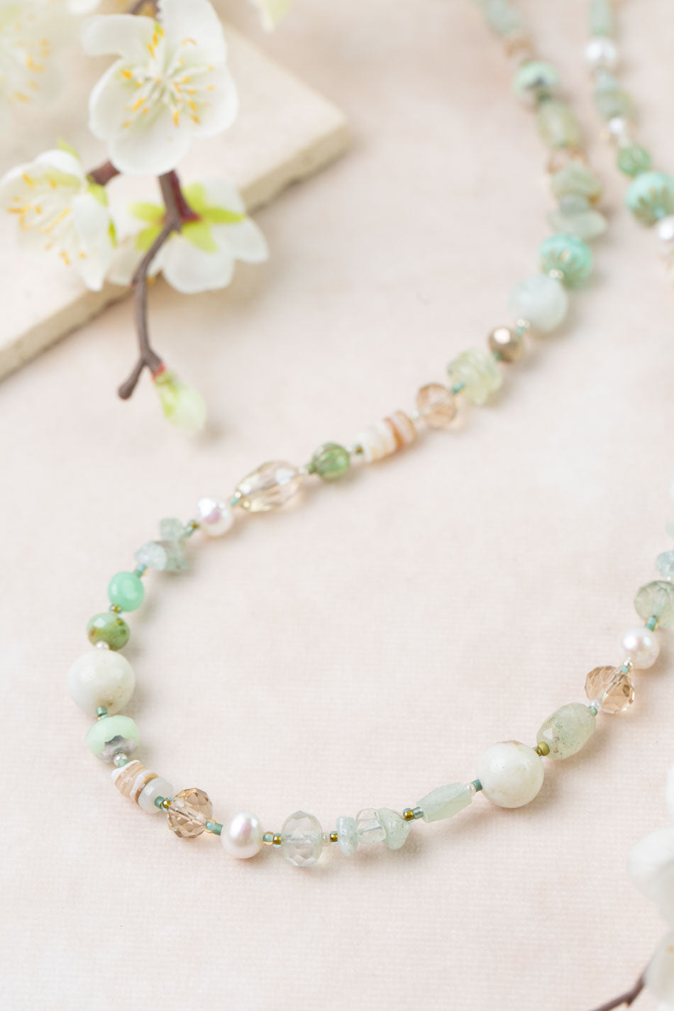 Mint Julep 36-38" Aquamarine, Amazonite, Pearl Collage Necklace