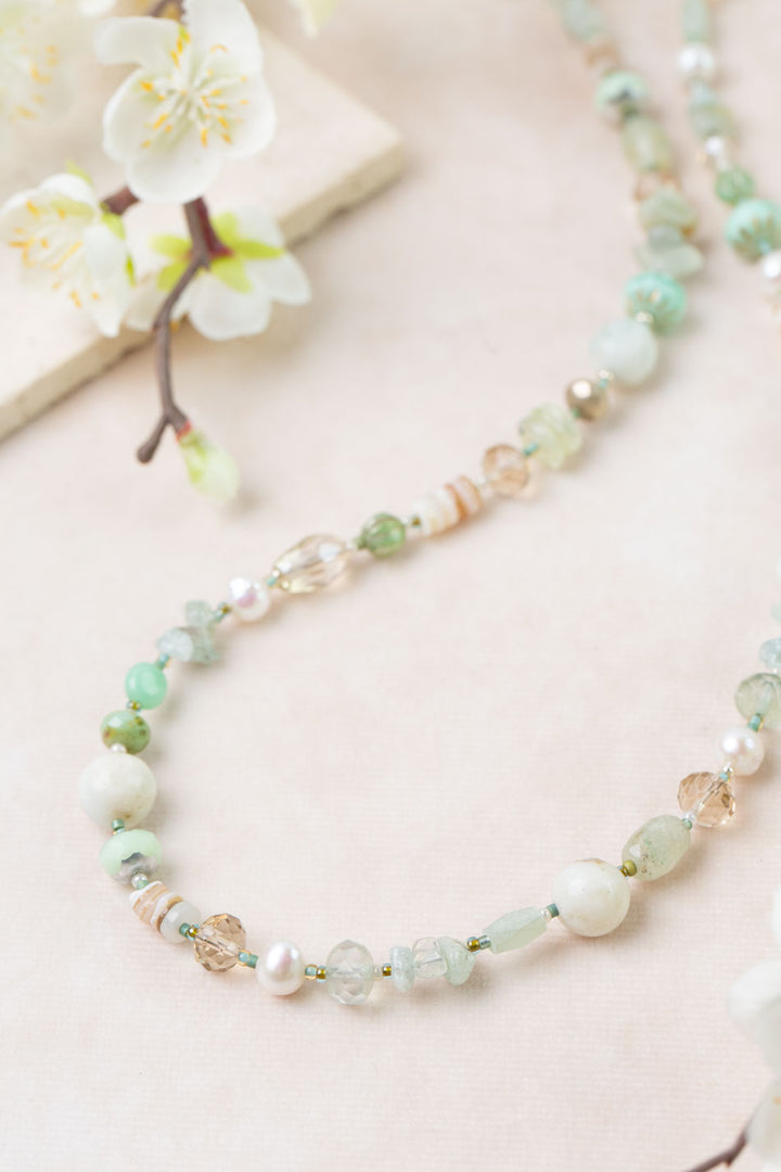 Mint Julep 36-38" Aquamarine, Amazonite, Pearl Collage Necklace