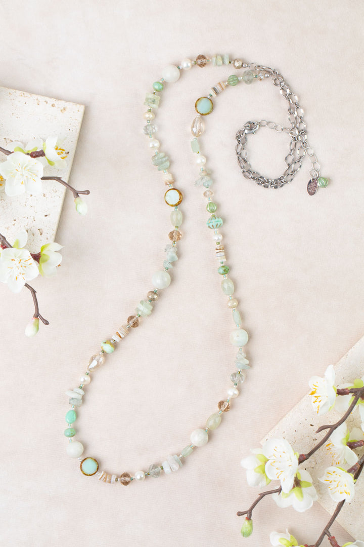 Mint Julep 36-38" Aquamarine, Amazonite, Pearl Collage Necklace