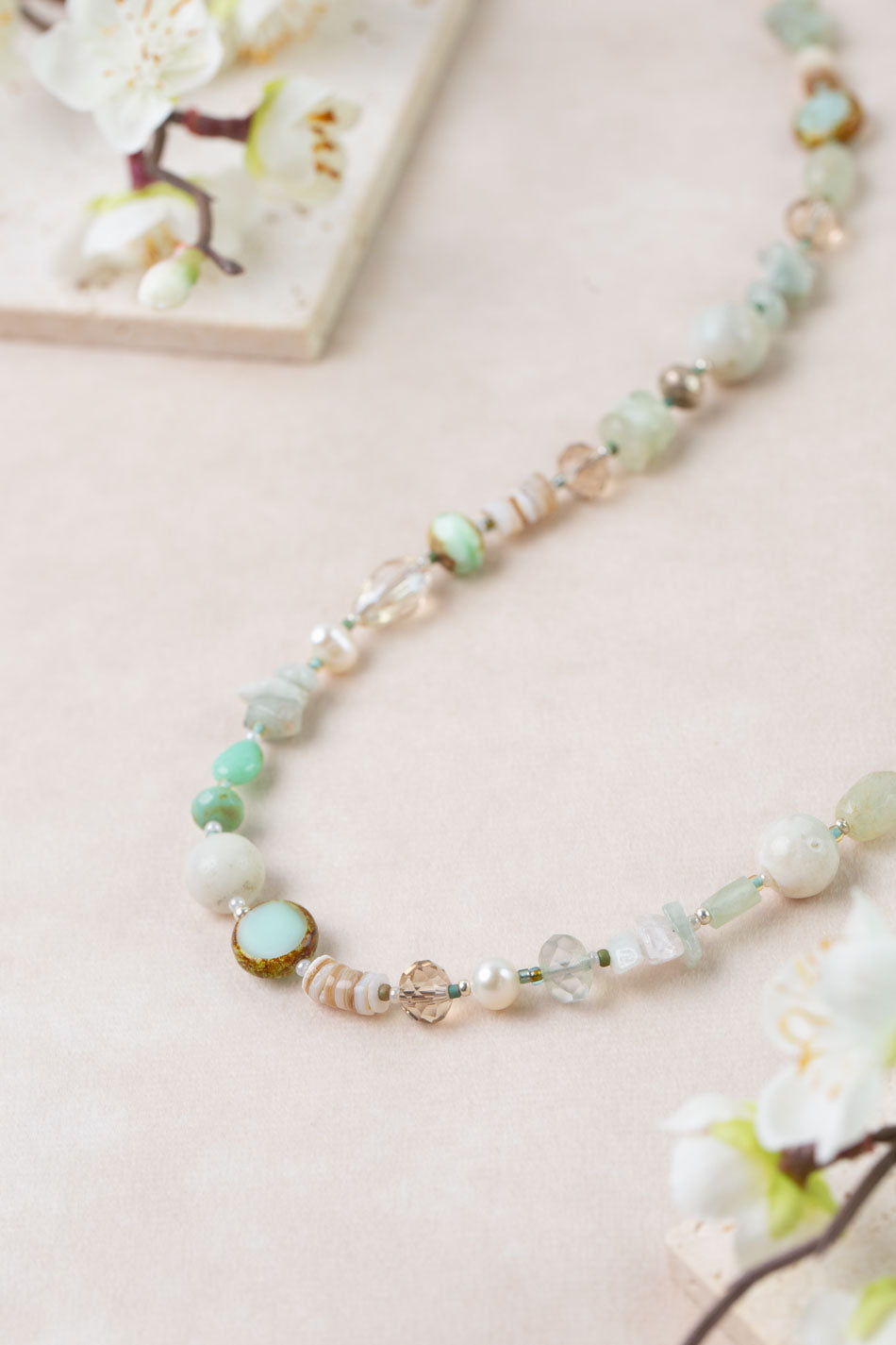 Mint Julep 36-38" Aquamarine, Amazonite, Pearl Collage Necklace