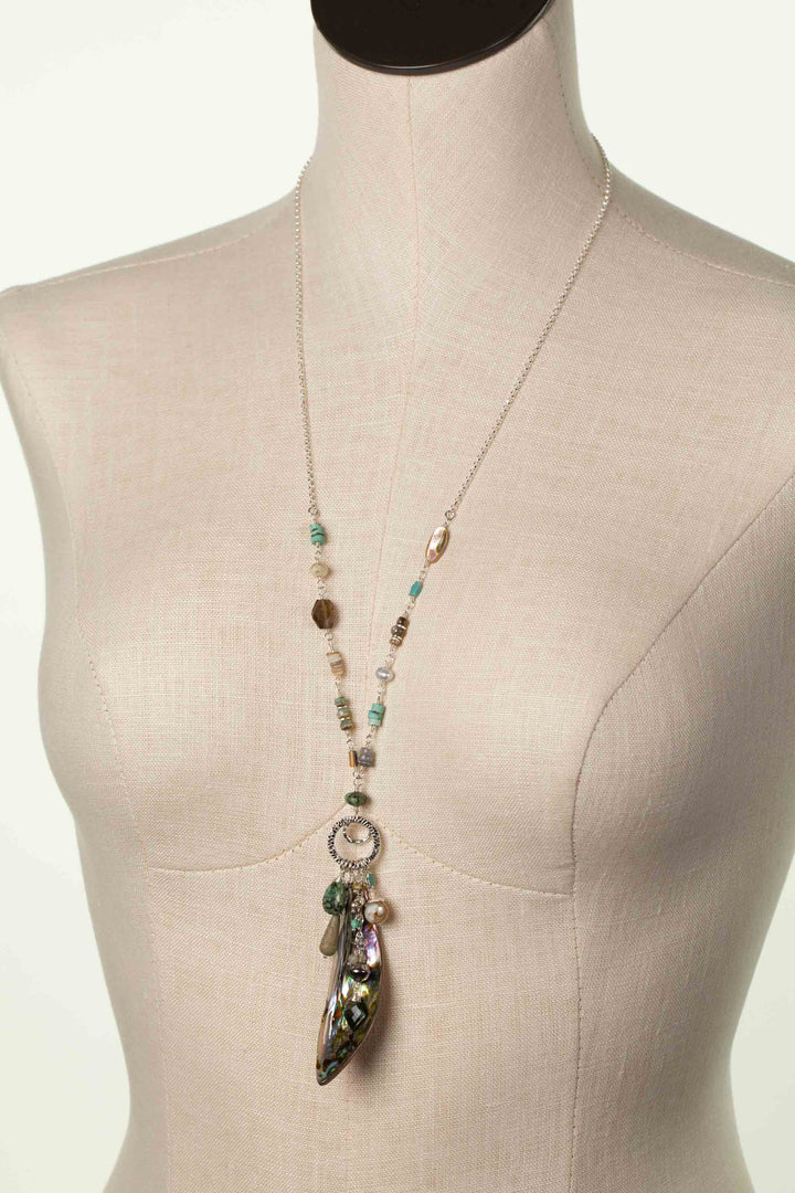 Mystic 26-28" Abalone Drop, Turquoise, Pearl Statement Necklace