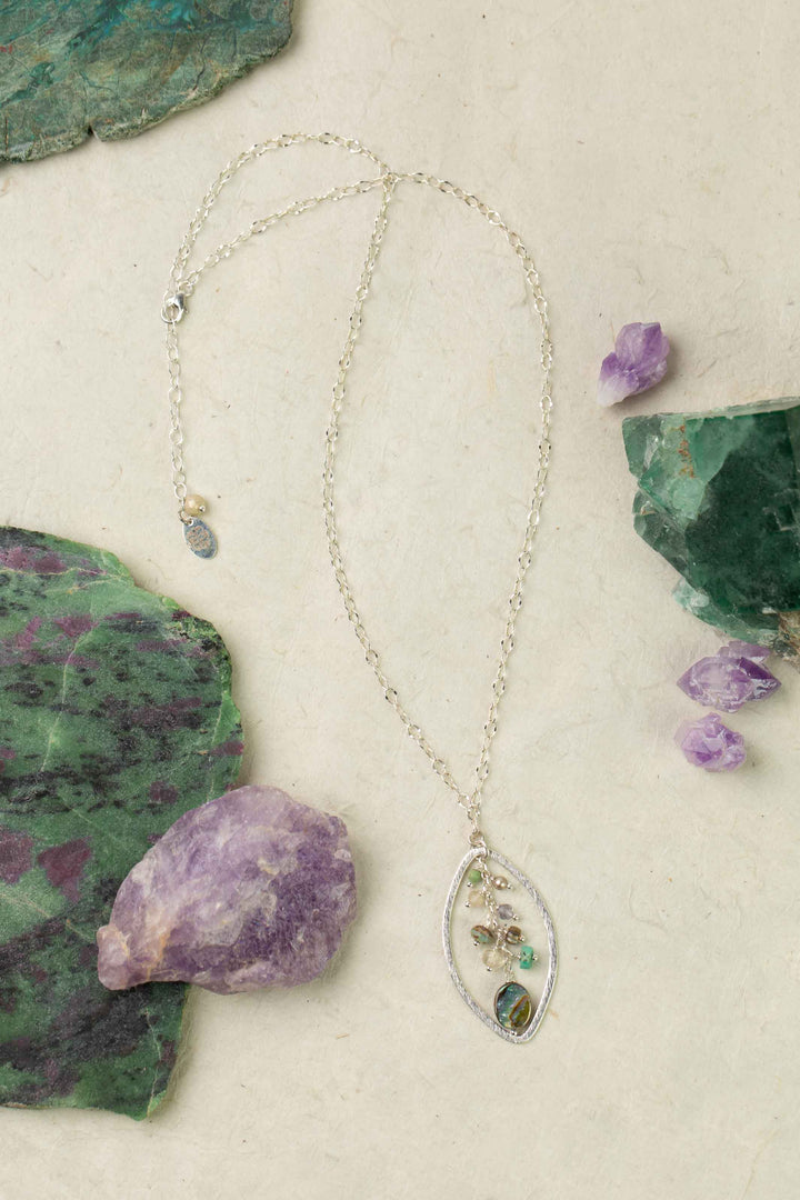 Mystic 18-20" Abalone, Turquoise, Pearl With Gemstone Cluster Dangle Cluster Necklace