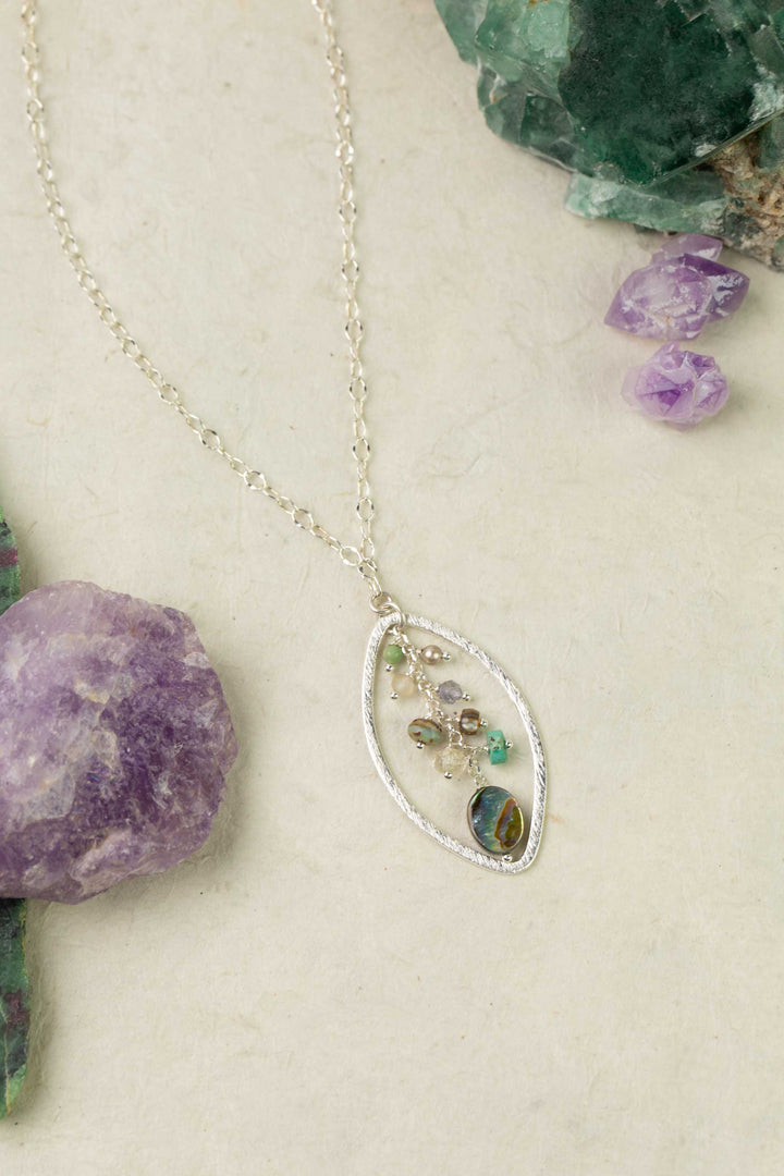Mystic 18-20" Abalone, Turquoise, Pearl With Gemstone Cluster Dangle Cluster Necklace