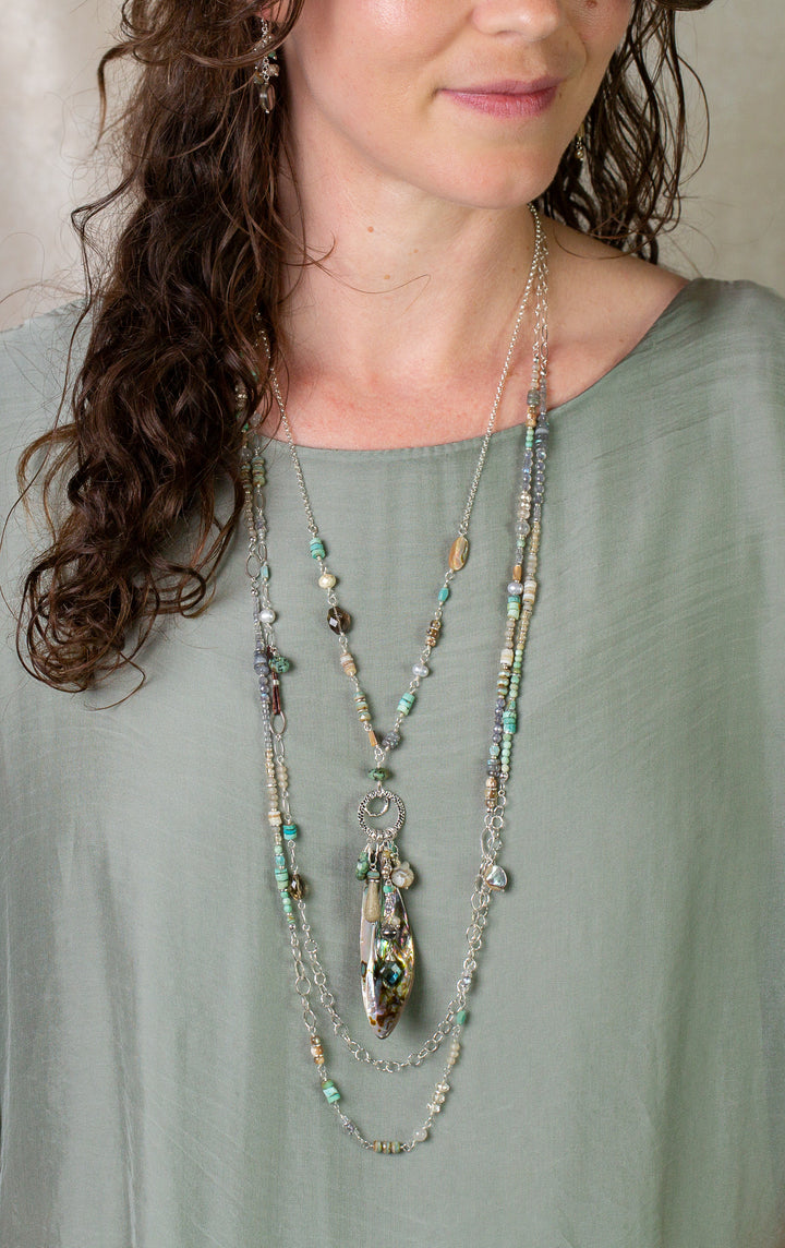 Mystic 26-28" Abalone Drop, Turquoise, Pearl Statement Necklace