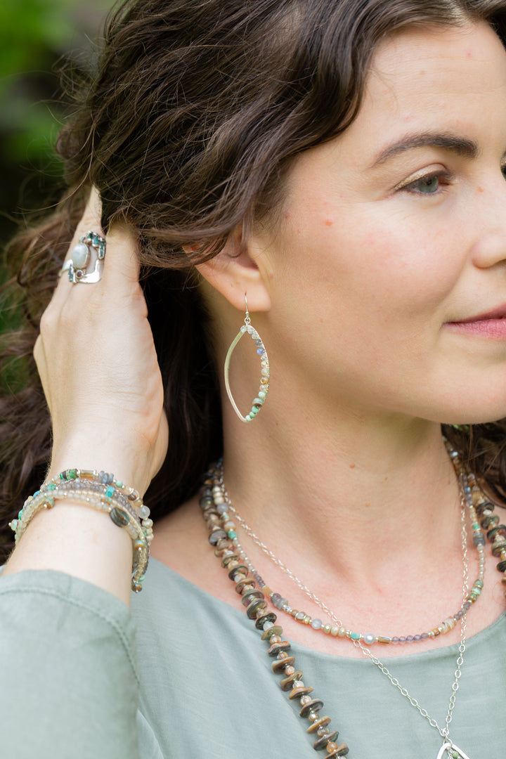 Mystic Turquoise, Freshwater Pearl, Czech Glass And Abalone Hoop Earrings