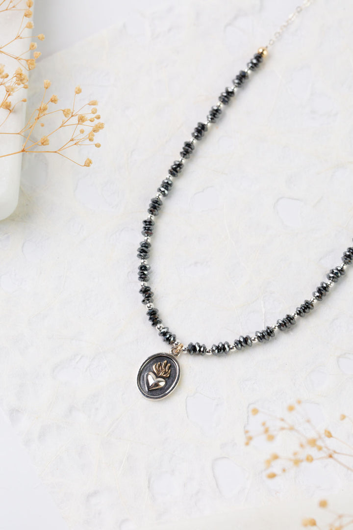 Nightfall 15-17" Black Hematite Rondelle With Flaming Heart Pendant Simple Necklace