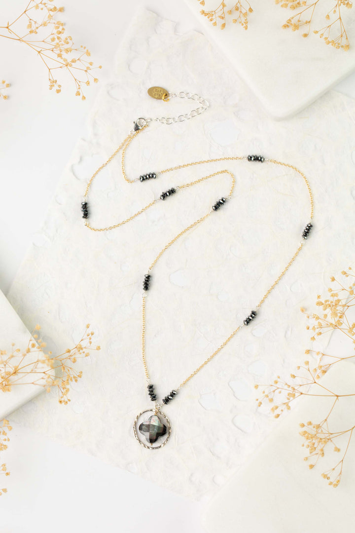 Nightfall 21-23" Black Hematite Rondelle With Black Lip Shell Clover Collage Necklace