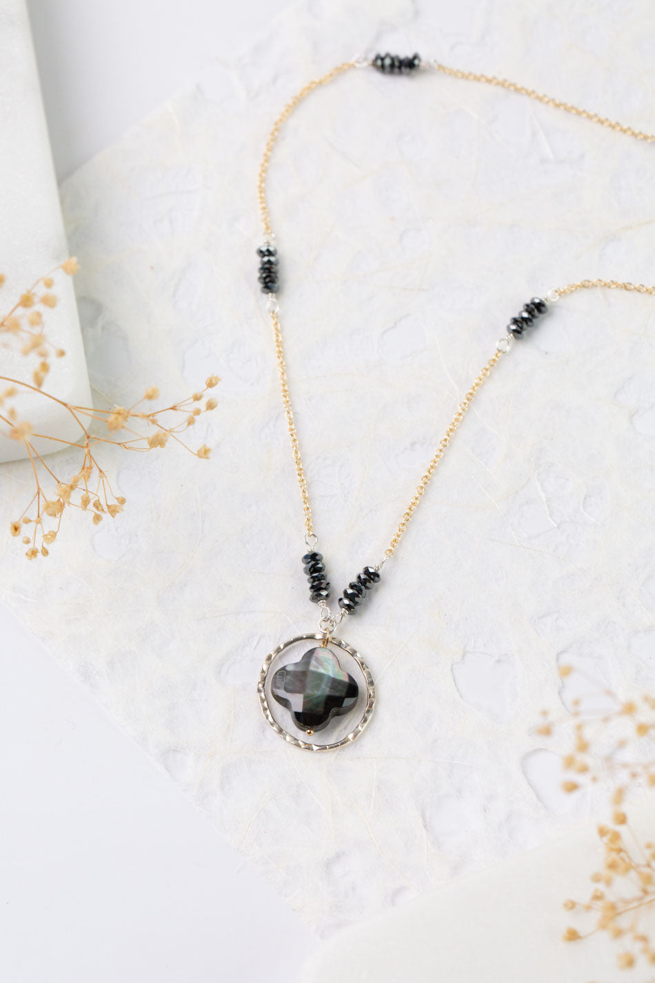 Nightfall 21-23" Black Hematite Rondelle With Black Lip Shell Clover Collage Necklace