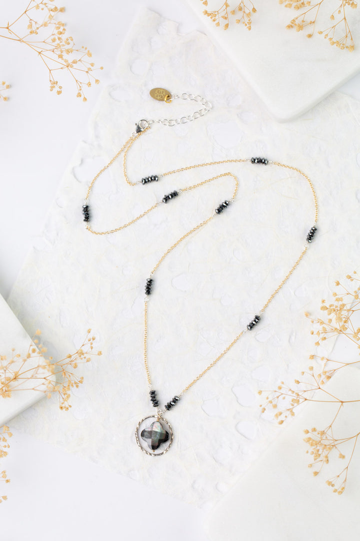 Nightfall 21-23" Black Hematite Rondelle With Black Lip Shell Clover Collage Necklace