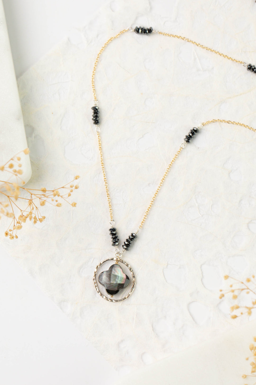 Nightfall 21-23" Black Hematite Rondelle With Black Lip Shell Clover Collage Necklace