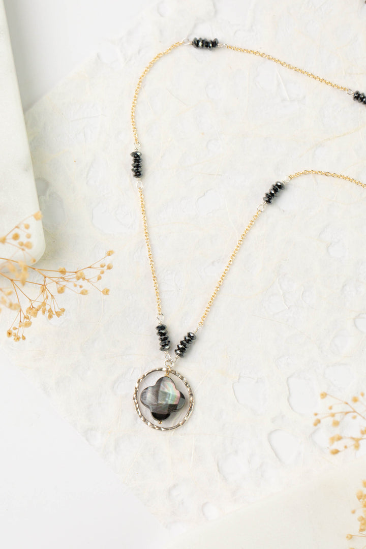 Nightfall 21-23" Black Hematite Rondelle With Black Lip Shell Clover Collage Necklace