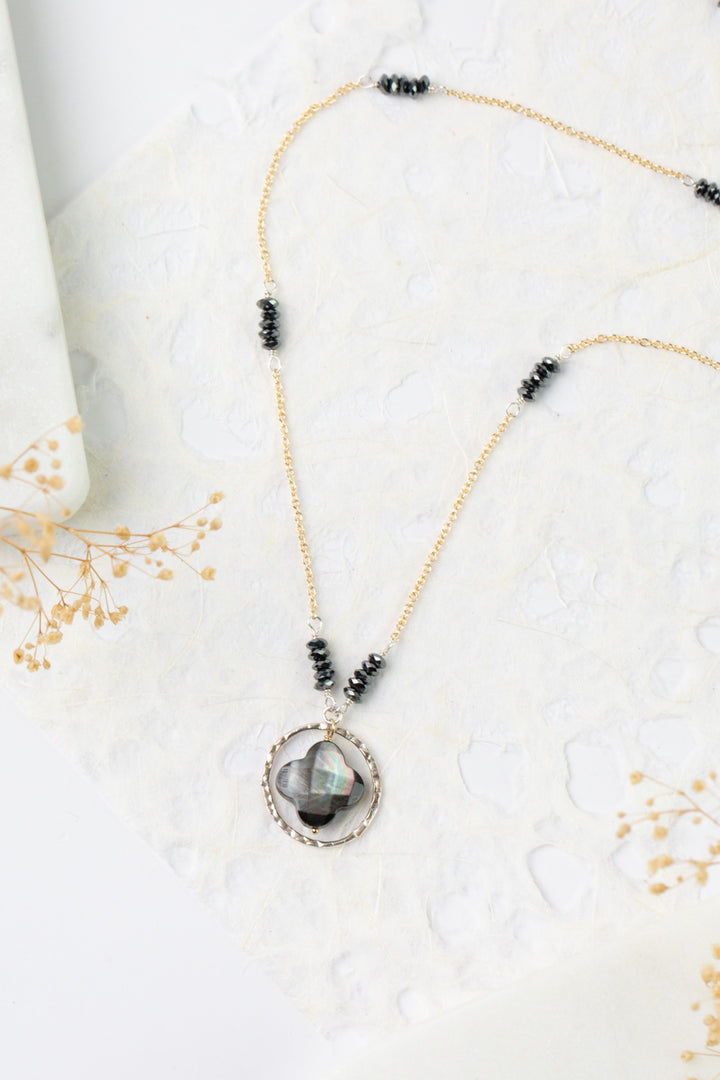 Nightfall 21-23" Black Hematite Rondelle With Black Lip Shell Clover Collage Necklace