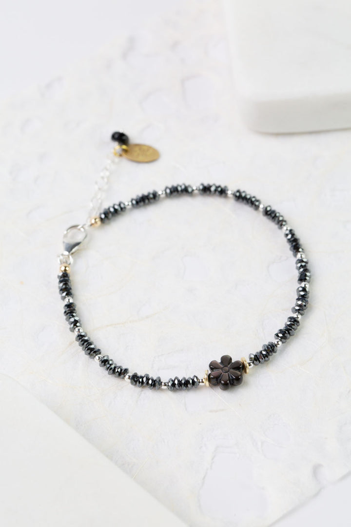Nightfall 7.5-8.5" Black Hematite Rondelle, Abalone Flower Simple Bracelet