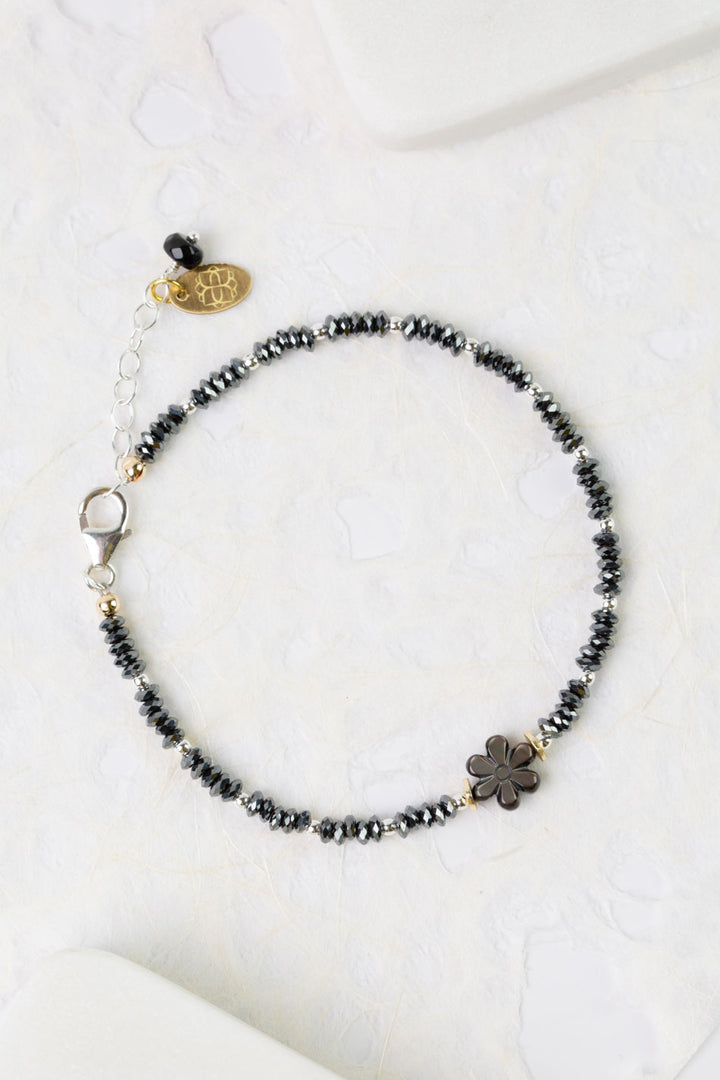 Nightfall 7.5-8.5" Black Hematite Rondelle, Abalone Flower Simple Bracelet