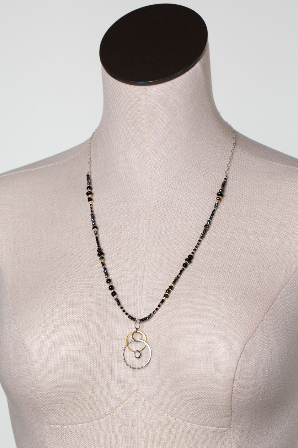 Nightfall 23-25" Black Onyx With Mixed Metal Circles Statement Necklace