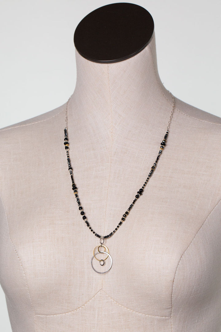 Nightfall 23-25" Black Onyx With Mixed Metal Circles Statement Necklace