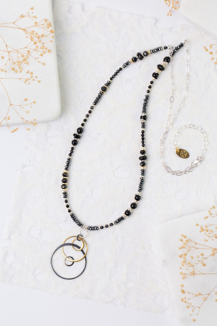 Nightfall 23-25" Black Onyx With Mixed Metal Circles Statement Necklace
