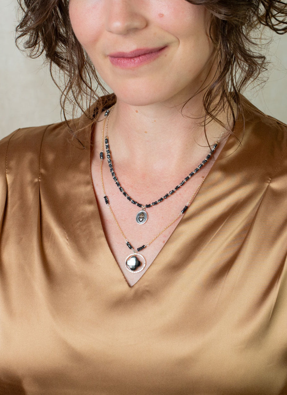Nightfall 15-17" Black Hematite Rondelle With Flaming Heart Pendant Simple Necklace