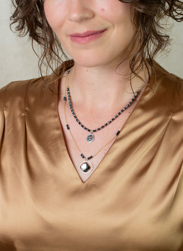 Nightfall 15-17" Black Hematite Rondelle With Flaming Heart Pendant Simple Necklace