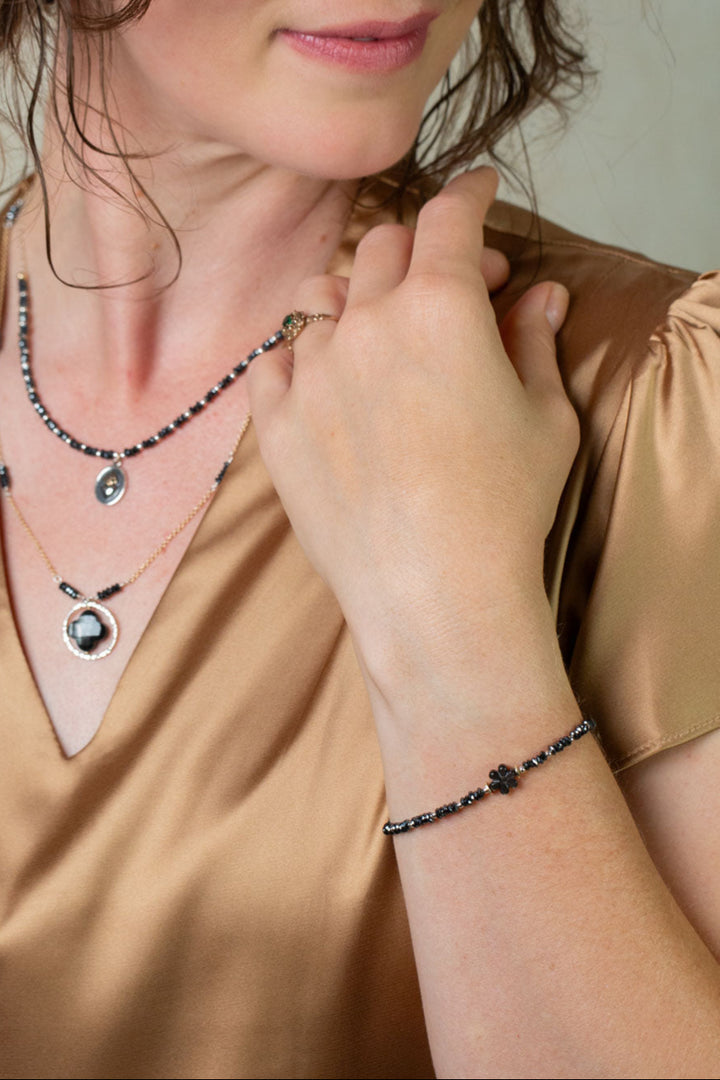 Nightfall 7.5-8.5" Black Hematite Rondelle, Abalone Flower Simple Bracelet