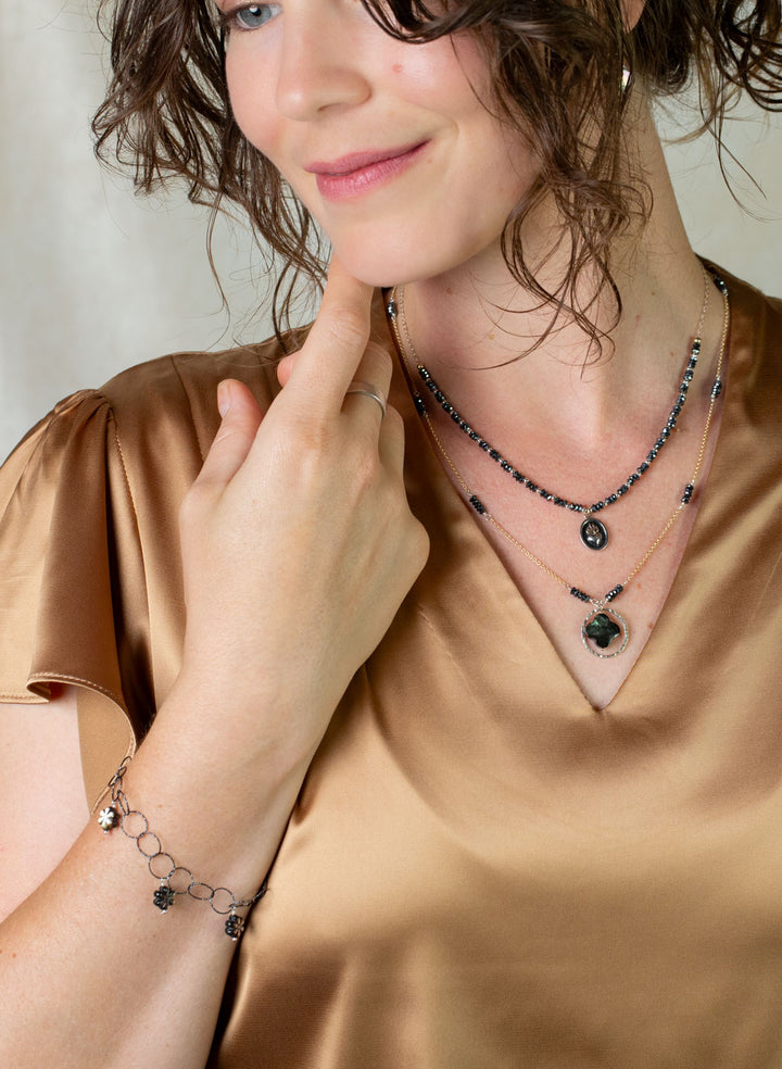 Nightfall 21-23" Black Hematite Rondelle With Black Lip Shell Clover Collage Necklace